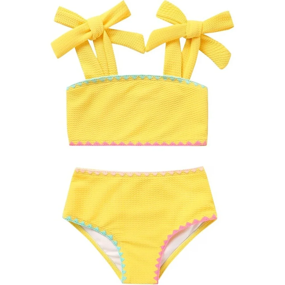 Younger Tree Kids Yellow Waffle Knit Ric Rac Two Piece Swimsuit UPF 50+ 5-6T